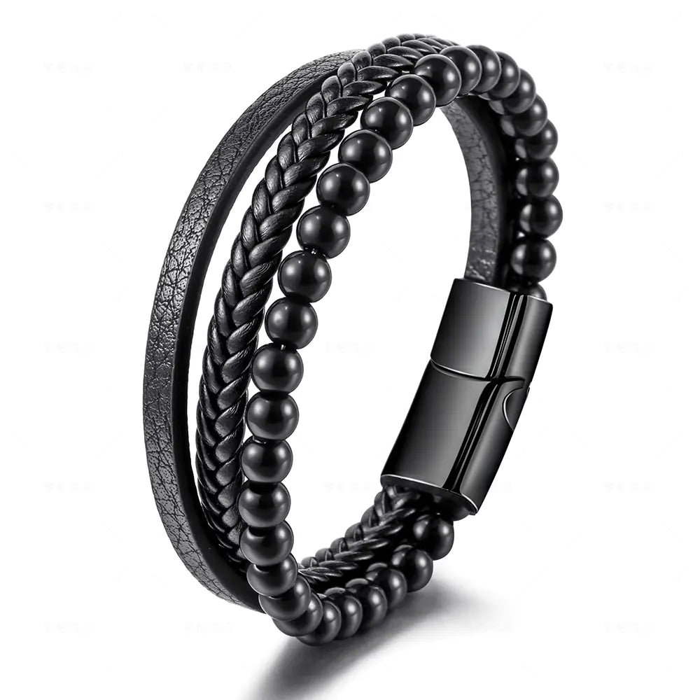 Men's Stainless Steel Bracelet with Natural Tiger Eye Beads