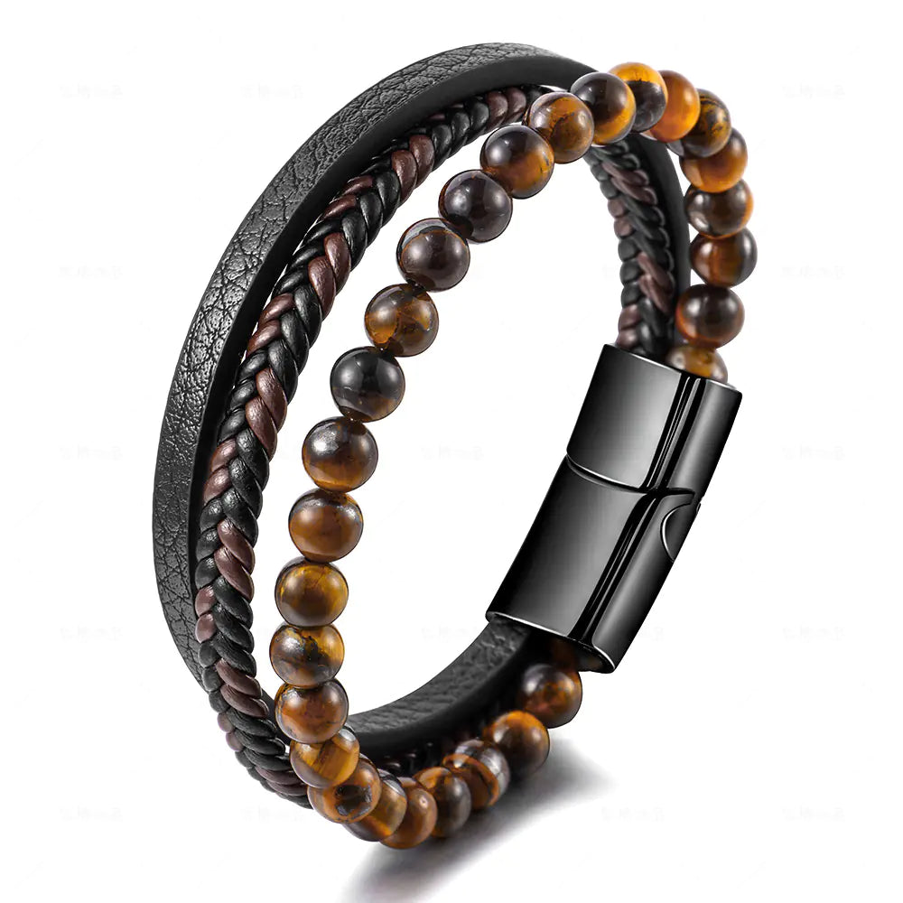 Men's Stainless Steel Bracelet with Natural Tiger Eye Beads