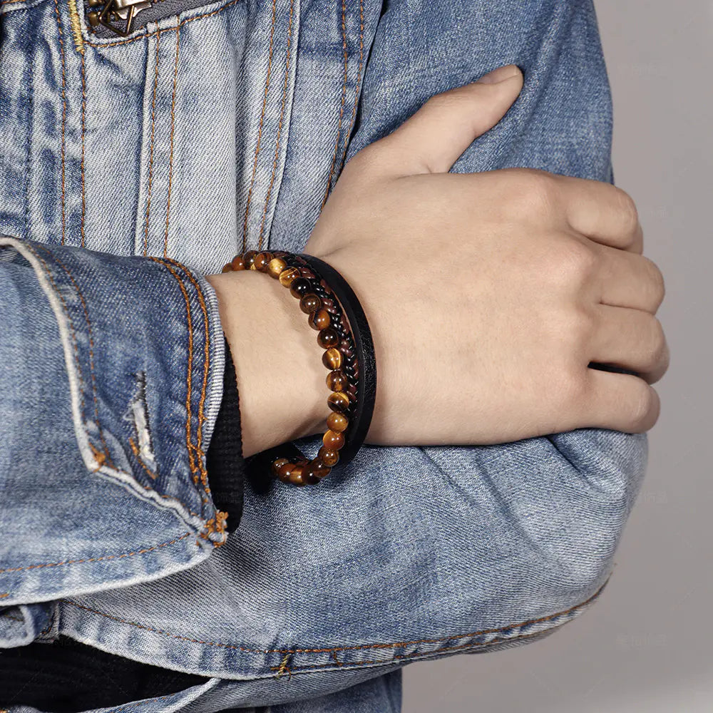 Men's Stainless Steel Bracelet with Natural Tiger Eye Beads